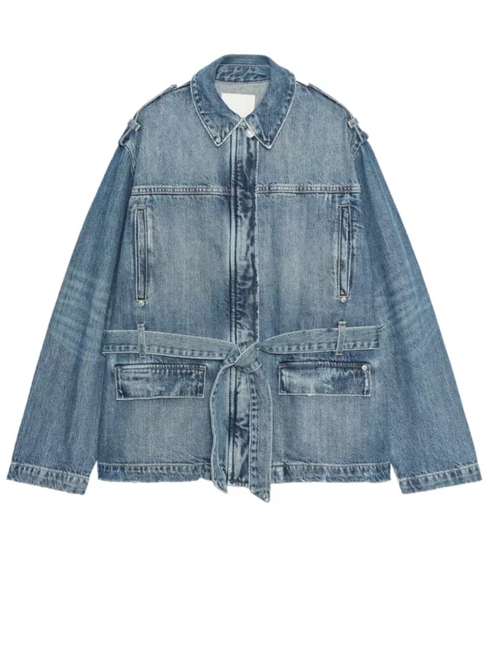 Zara Faded Blue Denim Jacket with Waist Tie